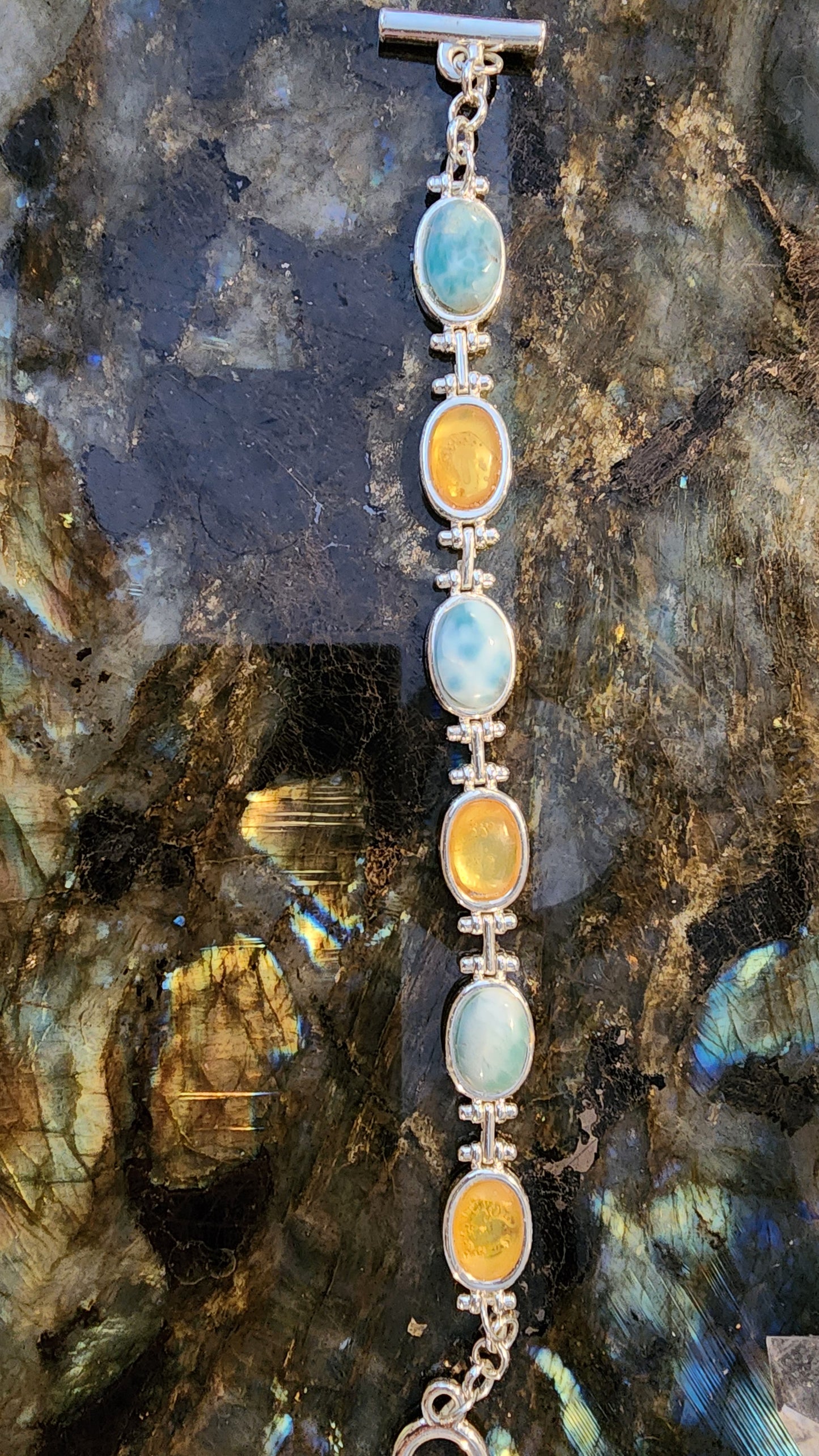 High Quality Larimar & Amber Bracelet 925 Silver Plated