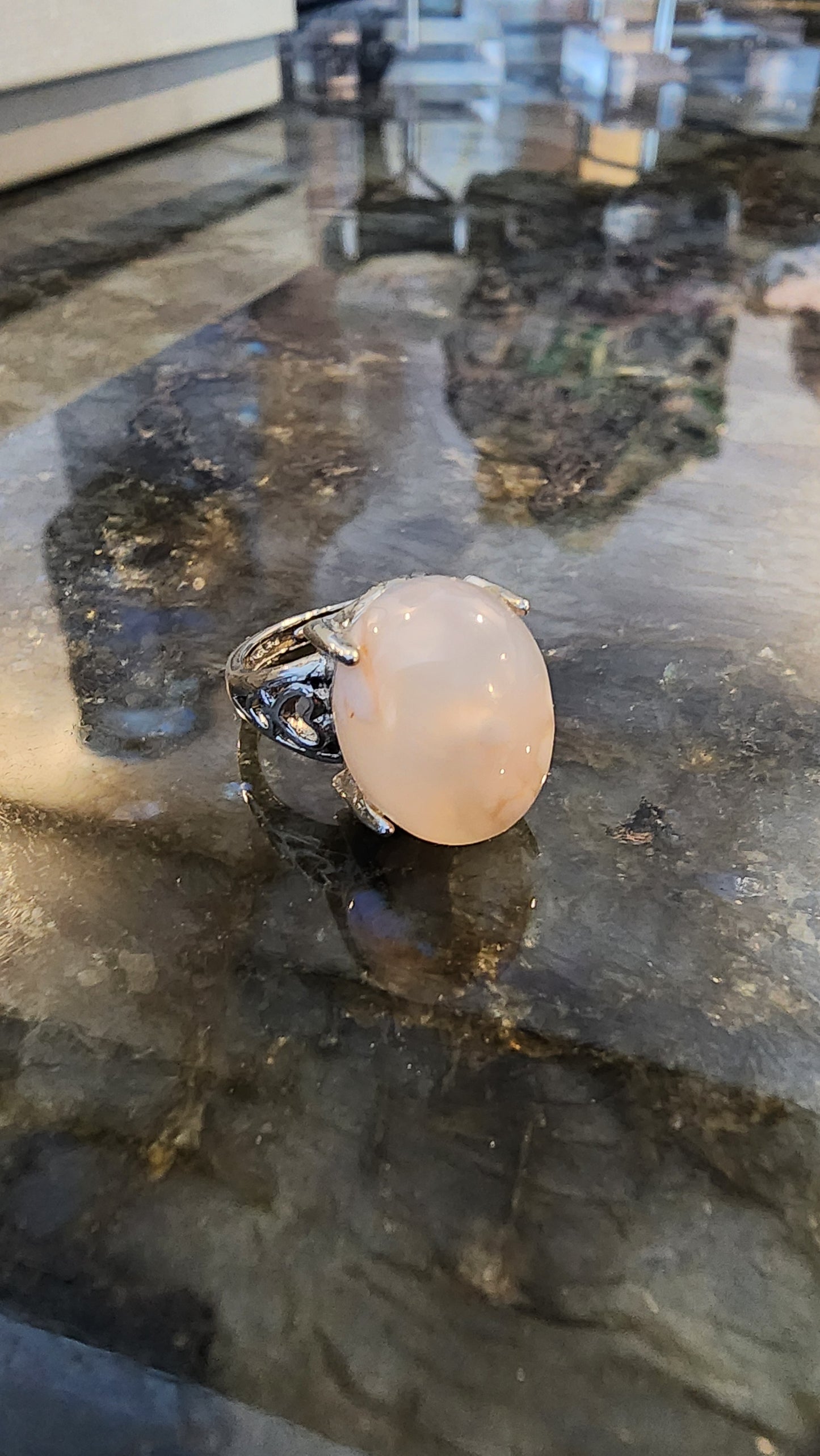 Pink Flower Agate and Base Metal Ring