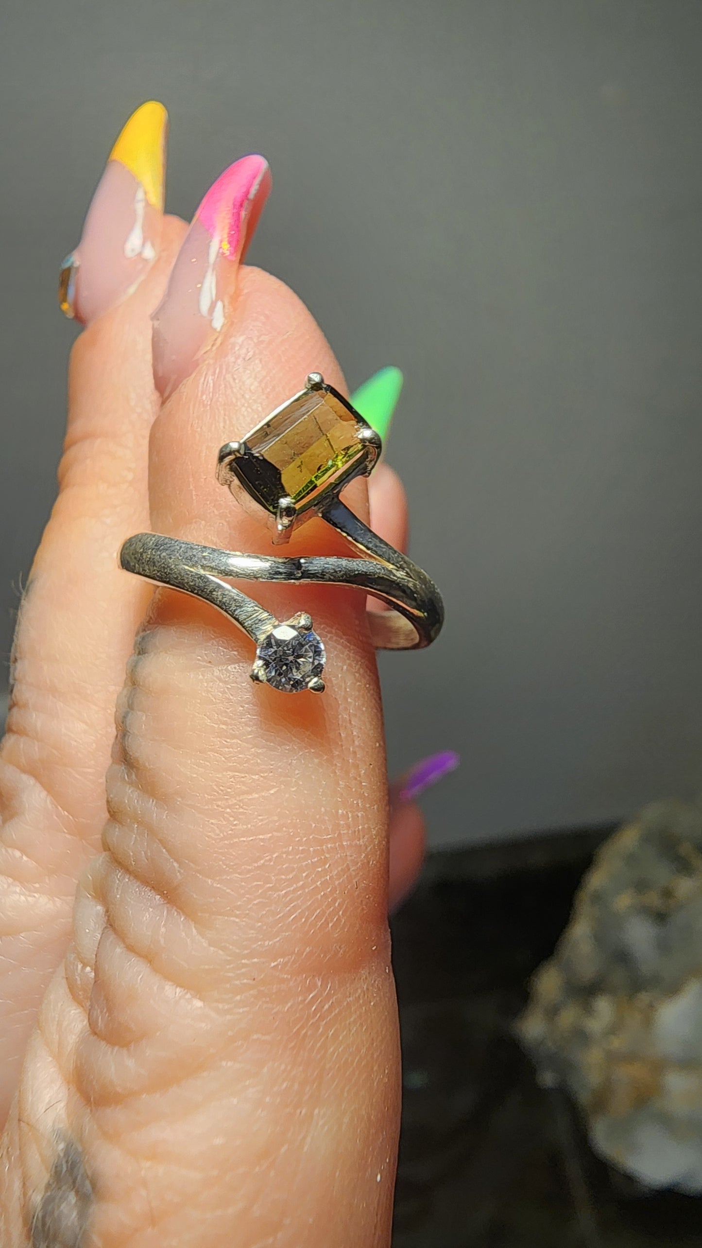 Handmade 925 Sterling Silver Tourmaline and Zirconia Ring Sz 6.5