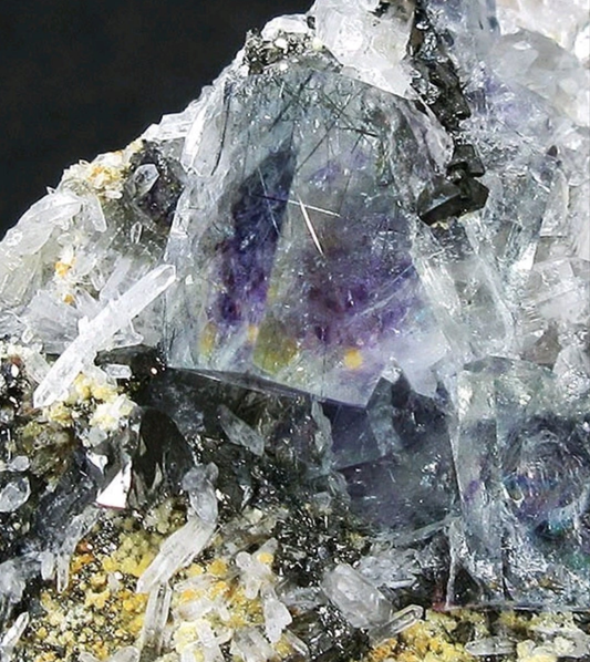 Blue/purple Fluorite, Bismuthite hair, Siderite, Arsenopyrite, Pyrite and Galena