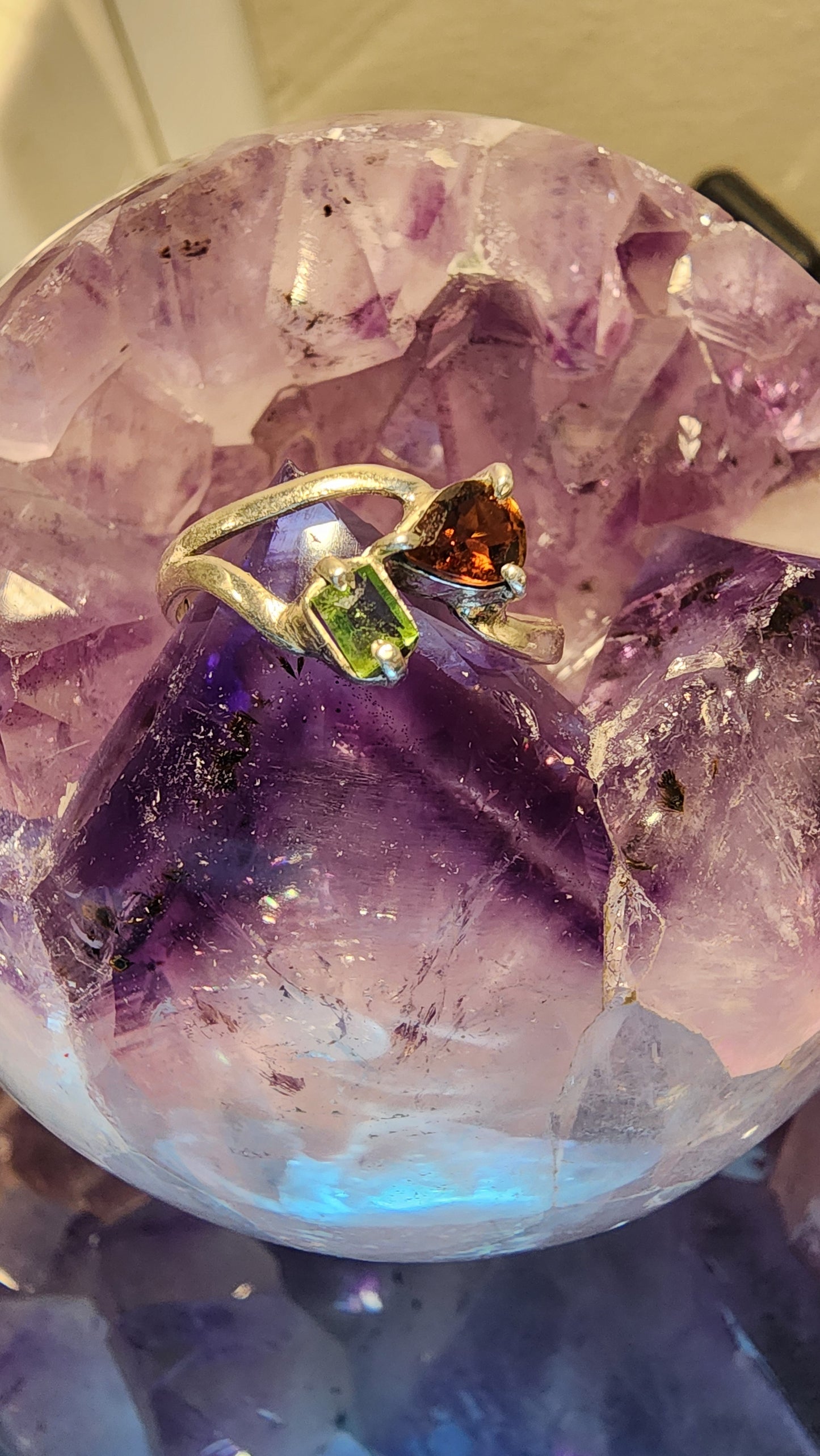 Handmade 925 Sterling Silver, Peridot and Garnet Ring Sz 6.