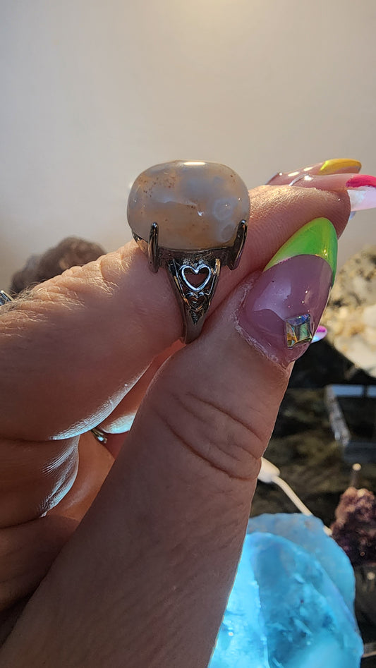 Pink Flower Agate and Base Metal Ring