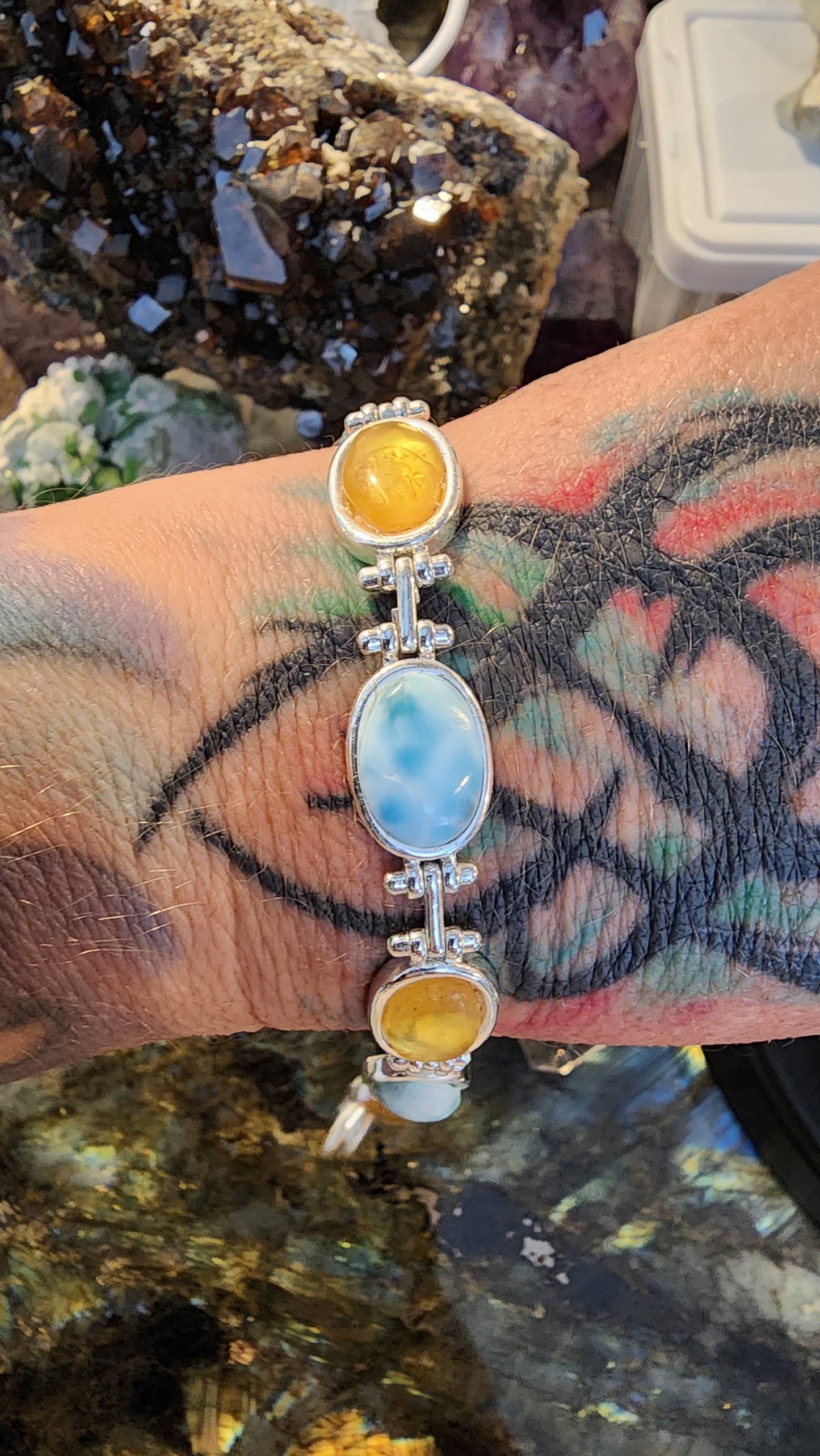 High Quality Larimar & Amber Bracelet 925 Silver Plated