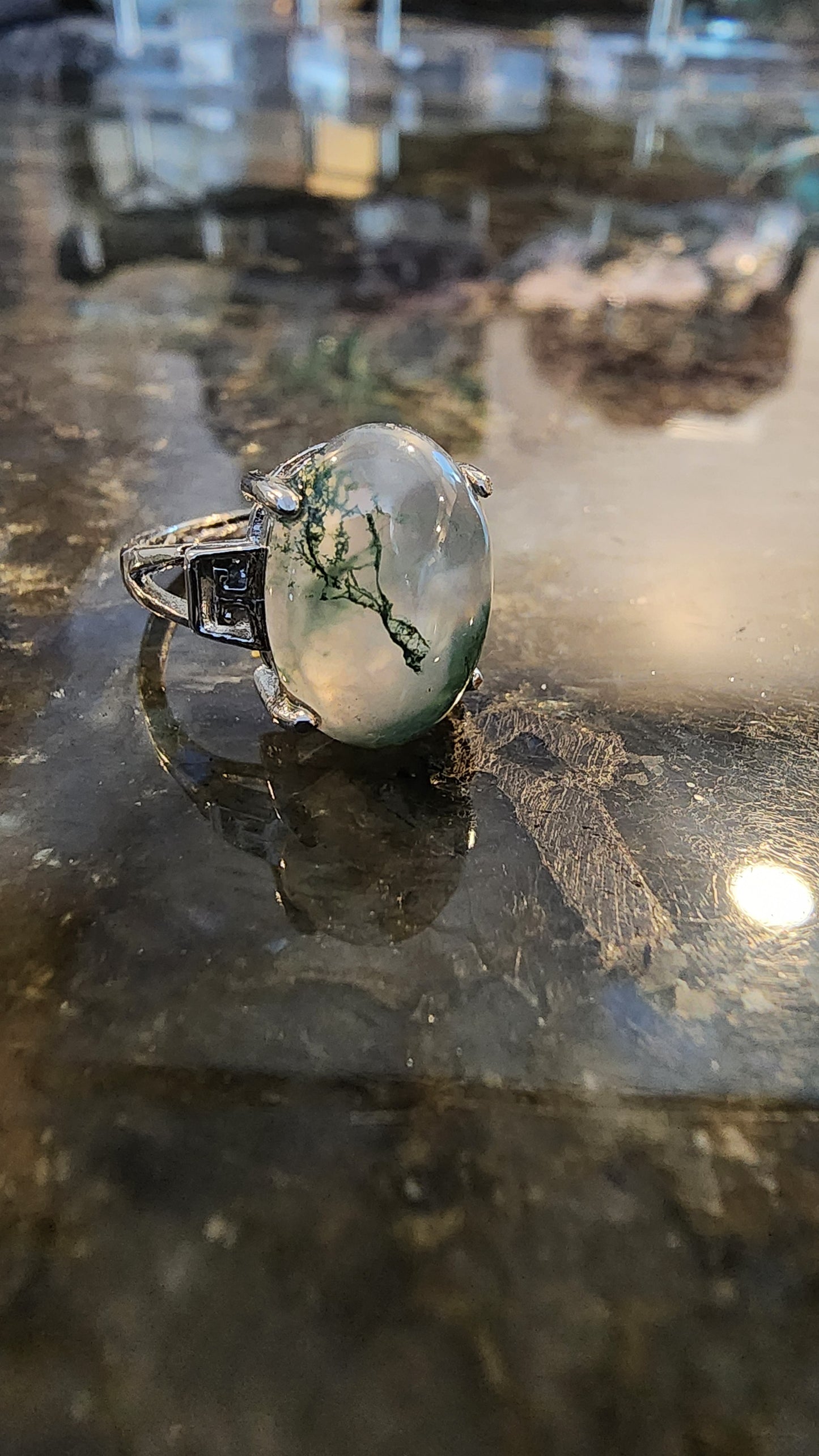 Moss Agate and Base Metal Ring