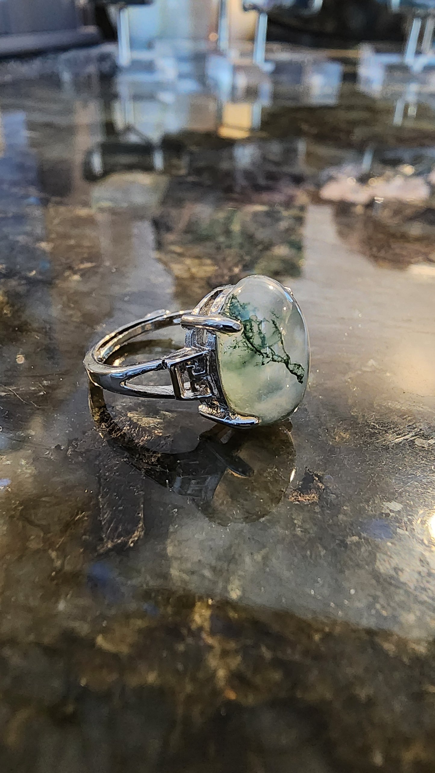 Moss Agate and Base Metal Ring