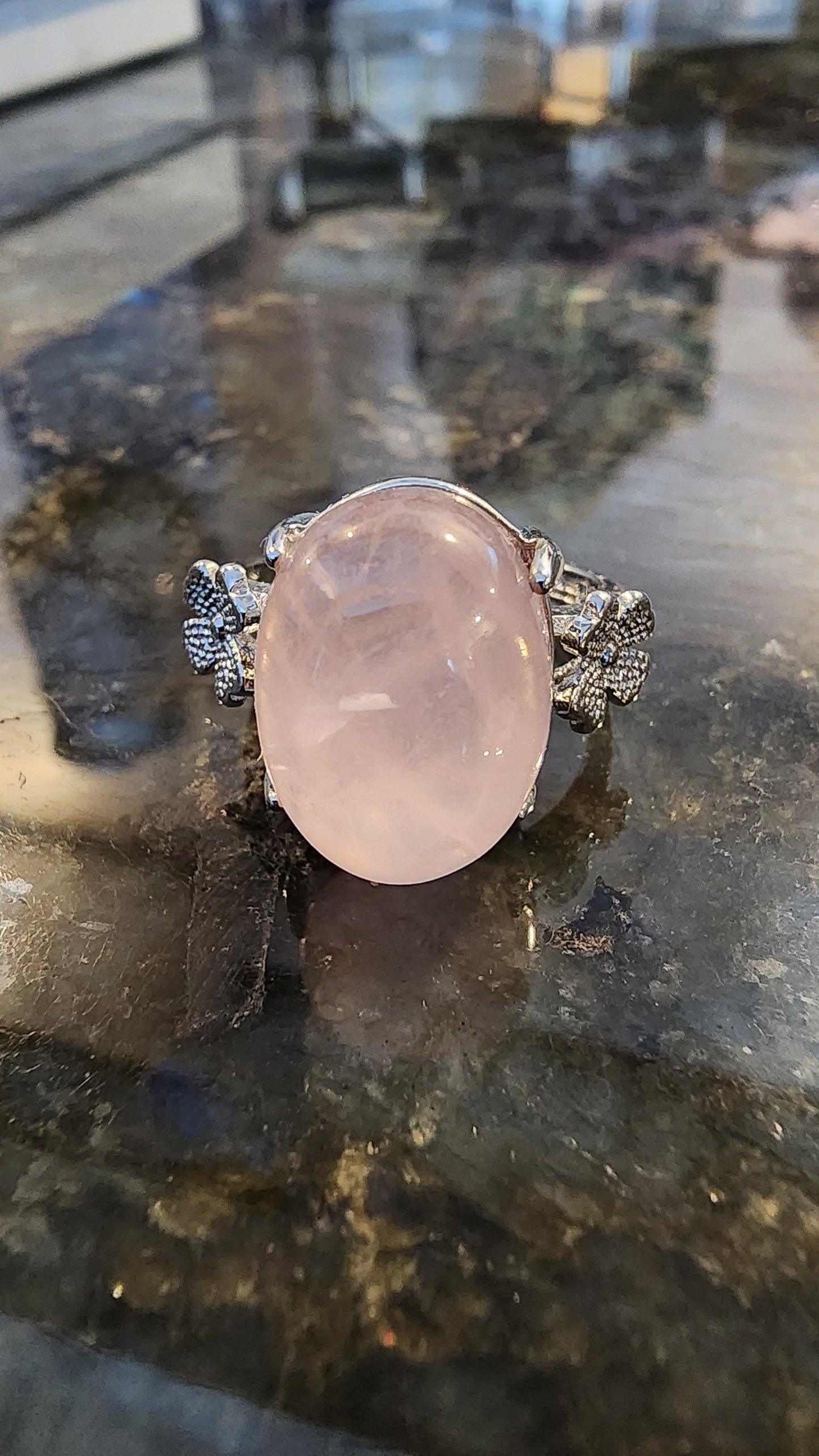 Rose Quartz and Base Metal Ring