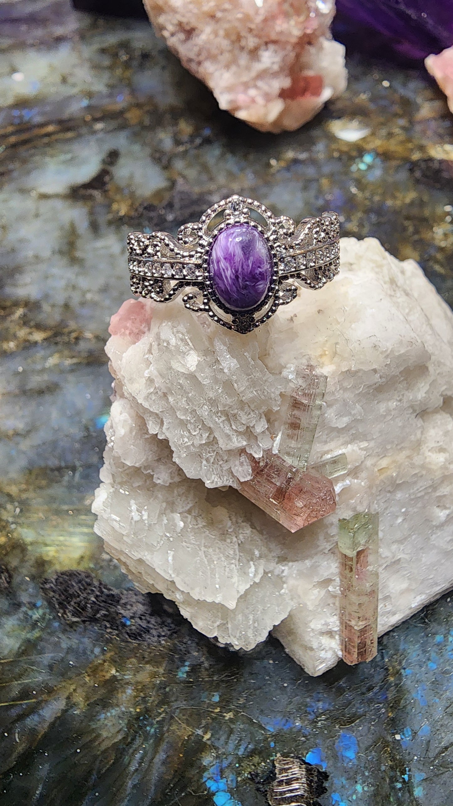 Charoite and Base Metal Ring