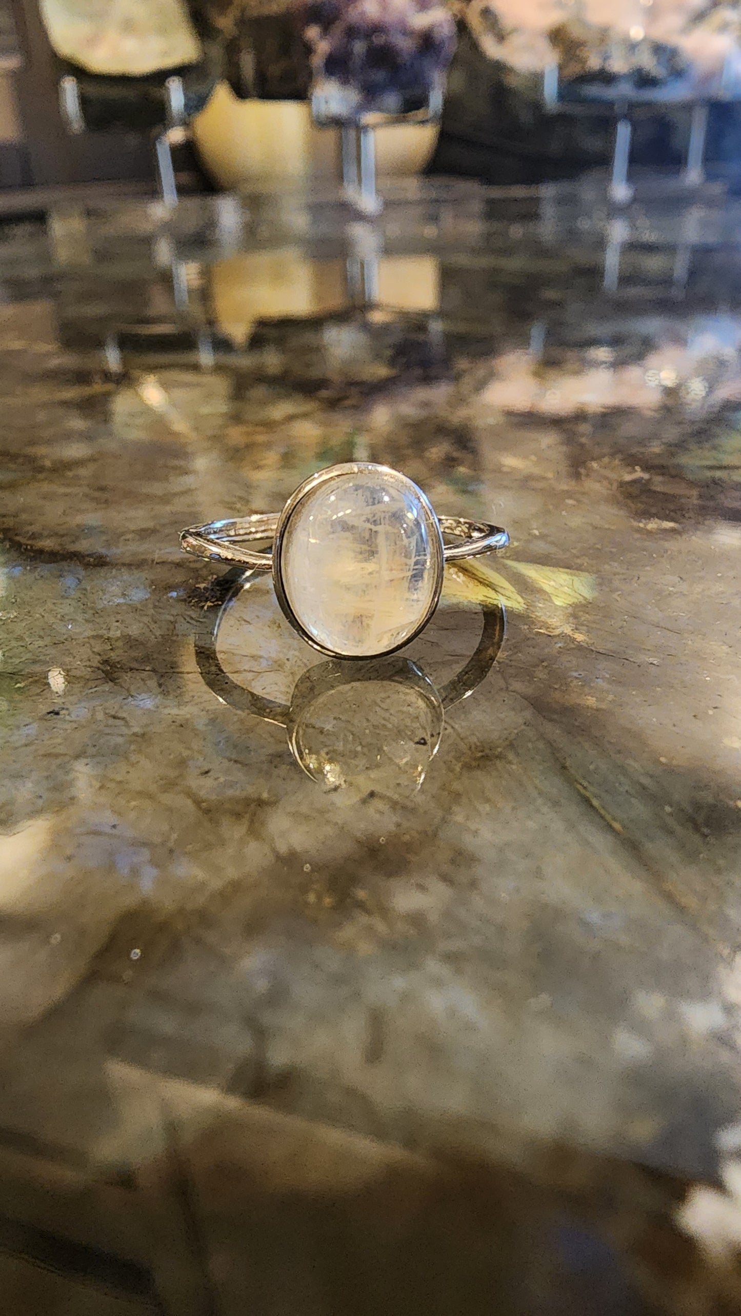 Rainbow Moonstone and Base Metal Ring