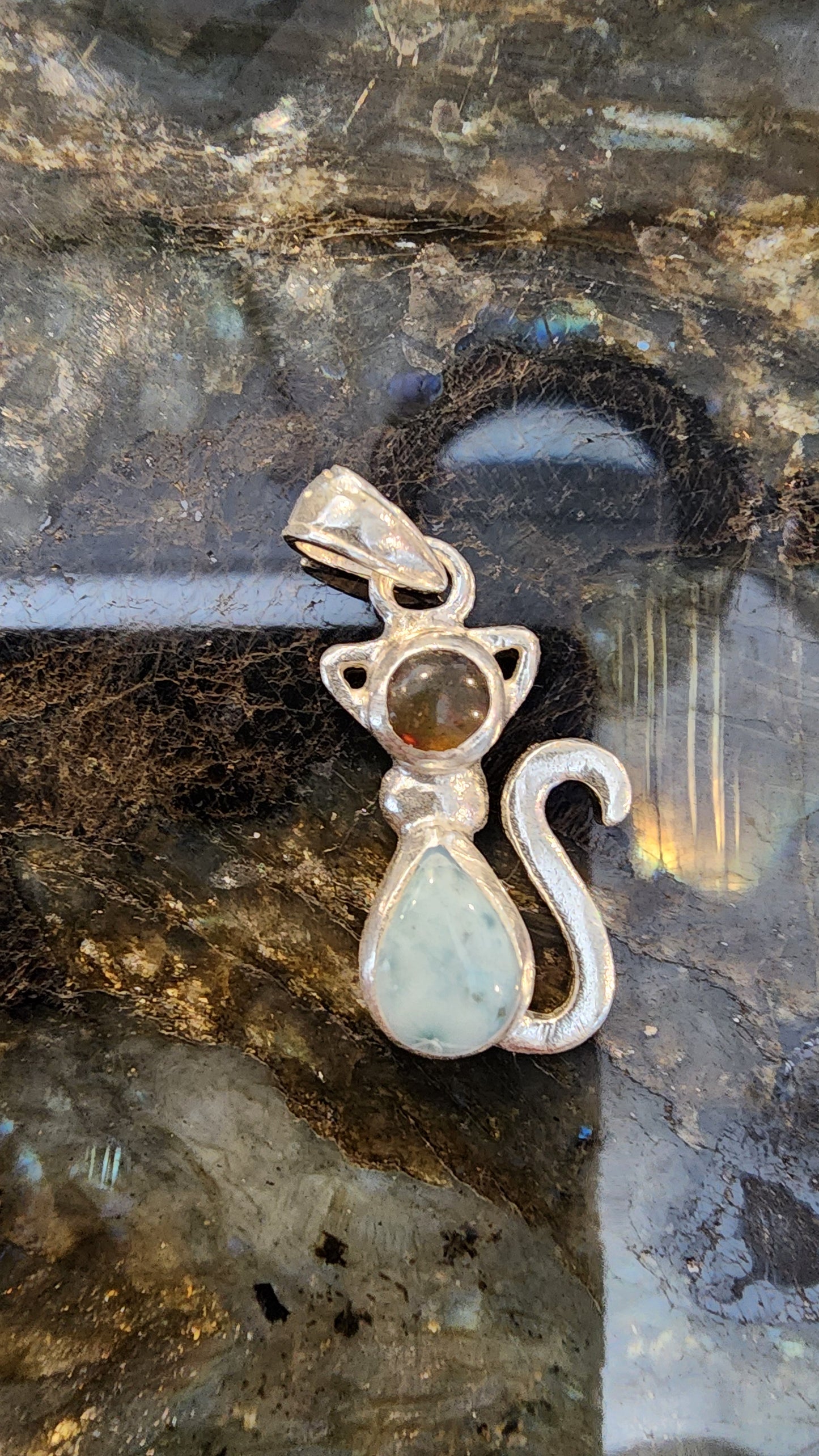 High Quality Larimar & Dominican Amber Pendant 925 Silver