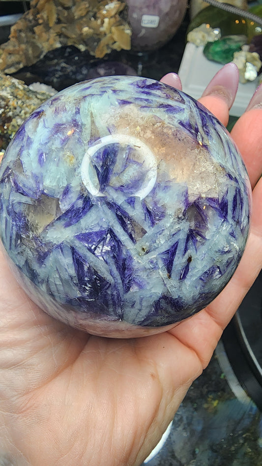 535g Lepidolite Aquamarine Morganite Cleavelandite and Rubelite Sphere D528